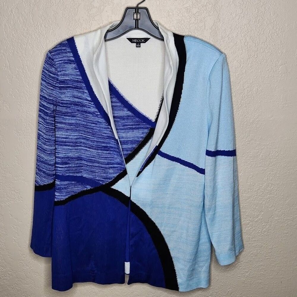 Misook Cardigan Women's Small Color Block Blue Long Sleeve Open Front Sweater